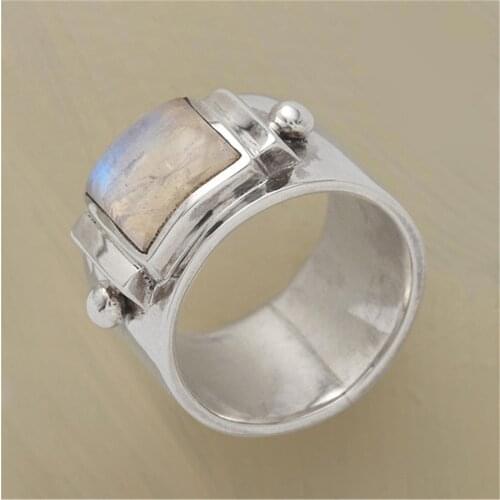 Big Square Opal Stone Setting Ring Wide Band Old Silver Color For Men Domineering Ring Engagement Wedding Finger Accessories