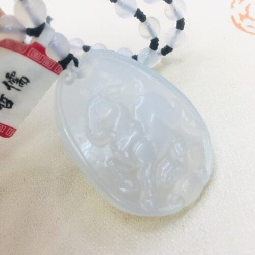 Pure natural ice bottom chalcedony jade Hand-carved oval zodiac sheep pendant with tri-color bead necklace sweater chain