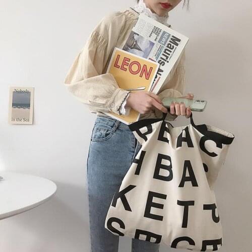 Womens Canvas Casual Tote Shoulder Bag Stylish Waterproof Shopping Cloth Bags Foldaway Travel Bag Letter Print Handbag