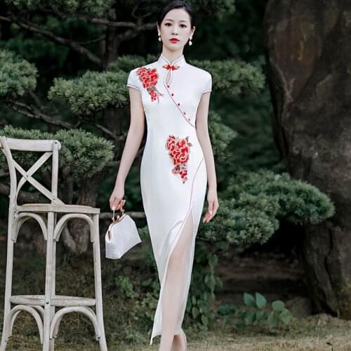 Chinese Traditional Slim Print Flower Lady Cheongsam Mandarin Collar Vintage Long Qipao Evening Party Sexy Dress Plus Size S-5XL