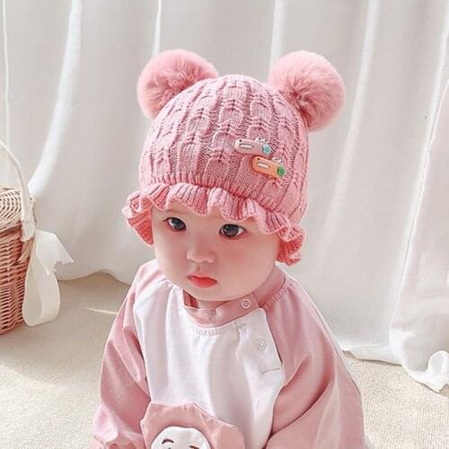 Cute Baby Boy Girl Knitted Hat Ruffled Skullies Beanies Autumn Winter Warm Toddler Kids Hats and Caps Fur Ball Woolen Infant Hat