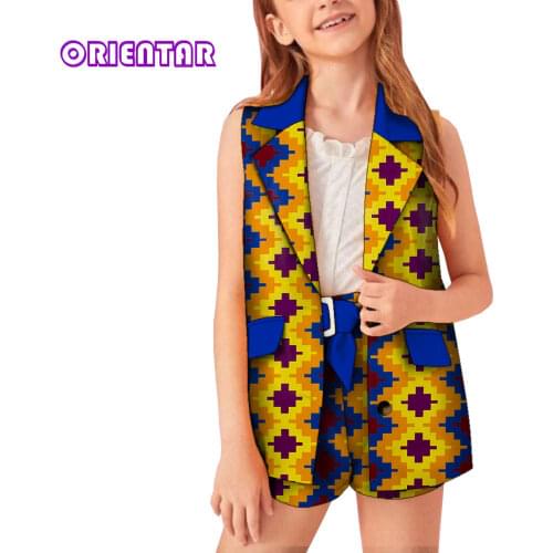 Fashion Kids Girls African Clothes Set Sleeveless Coats Vest+Shorts 2PCS Child Suit Outfits Summer African Print Clothing WYT597