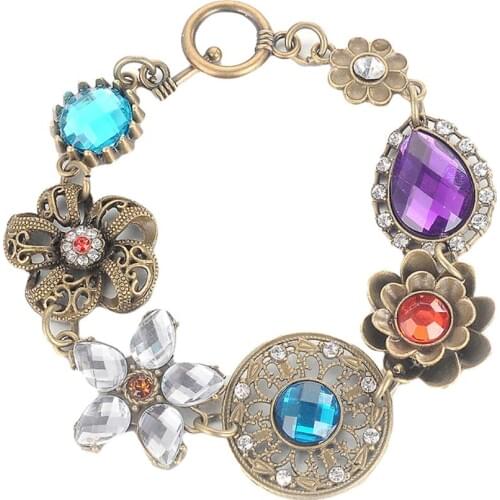 Trendy Boho Rhinestone Inlaid Flower Charm Toggle Bracelet Bangle Women Party Wedding Vintage Jewelry New Years Gift