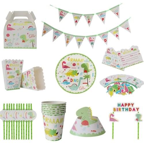 Cartoon Green Little Dinosaur Birthday Decor Disposable Party Tableware Kit Kids Birthday Party Supplies Cute Decor