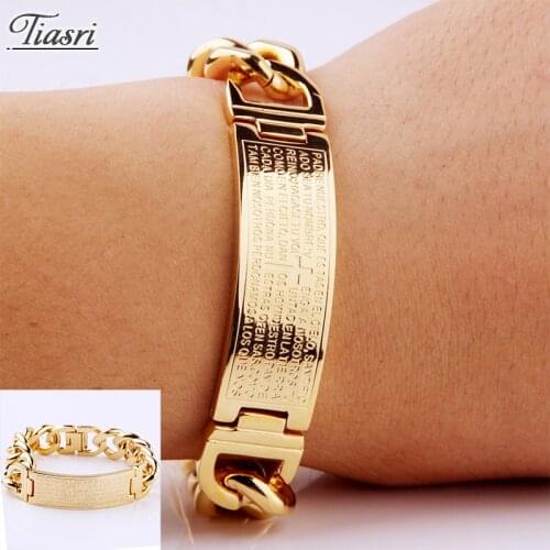 Tiasri Now Fashion Mens Bracelet on the Hand Gold Color Cross Element Design Cuban Chain Punk Stainless Steel Jewelry Gift 16mm