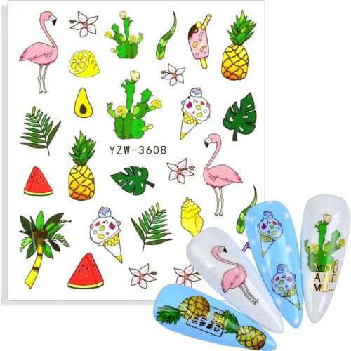 1pcs Nail Art Stickers Sliders Cartoon Flamingo Cactus Flower Leaf Fruit Zebra Giraffe Nails Tattoo Wrap Water Transfer Decals