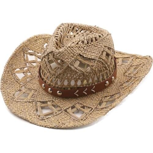 NEW Cowboy Hat Summer Straw Womens Hats Handmade Sun Hat for Men Cowgirl False Gem Decoration Casual Beach Cap Panama