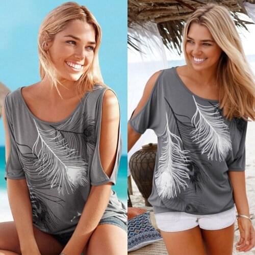 New Womens Tops Fashion Feather Print Off Shoulder Round Neck Large Sleeves Casual Beach S-2Xl T-Shirt Graphic T Shirts