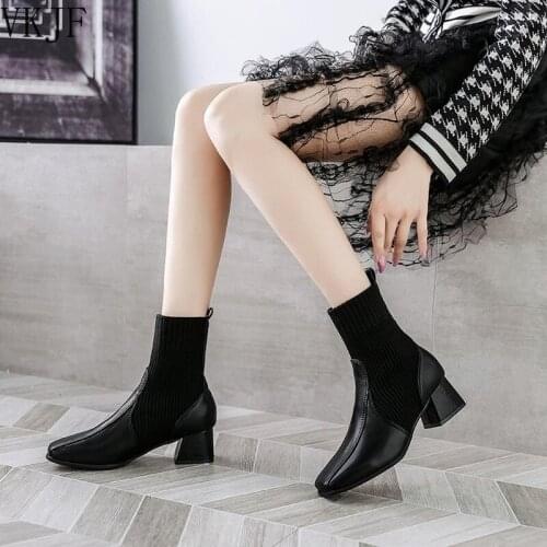 2021 Autumn Winter Women Boots Knit Elastic Socks Boots Square Toe Chunky Heel Boots Fashion Ankle Chelsea Boots