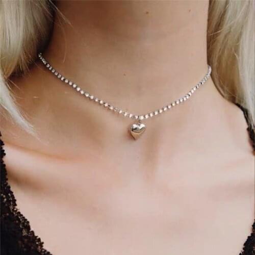 Fashion Crystal Choker Collar tennis chain Heart Pendant Necklace for Women Aesthetic Choker collars Korean Fashion neck chain