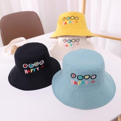 Doitbest Kids Cotton Bucket Hats Summer Double-sided wear embroidery happy Sun Cap Baby Boy Girls Outdoor Beach Fisherman Hat