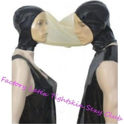 Sexy lovers lingerie unisex latext spliced transparent handmade latex double hoods couple mask cekc uniform fetish costumes