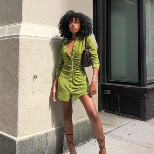 Women Turn-Down Collar Button Shirt Dresses Female Green Party Dress Sexy Mini Dress Elegant Streetwear Ladies Short Dresses