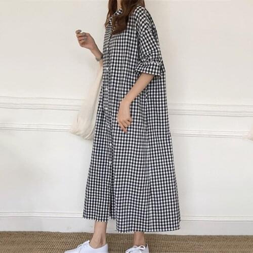 Korean fashion dress for women Cotton Linen woman Long Shirt Dress Spring Autumn Casual Button Loose Clothing Robe Femme Vestido
