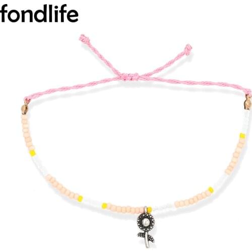 Zinc Alloy Flower Pendant Charm Glass Seed Beads Waxed String Handmade Bracelet Women Fashion Waterproof Summer Surf Jewelry