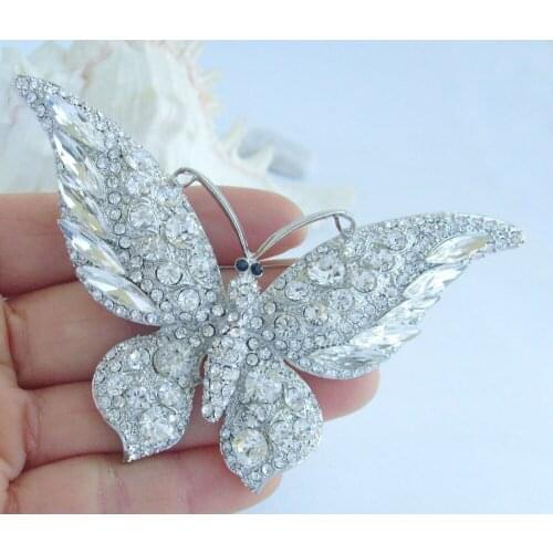 Stunning 3.74" Clear Rhinestone Crystal Butterfly Brooch Pin Pendant Wedding Deco EE04538C13