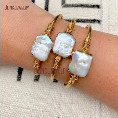 Freshwater Pearl Cuff Bracelet Boho Raw Brass Bangle Bracelet Square Baroque Pearl Bracelet Bridesmaid Gift Wedding BM33525