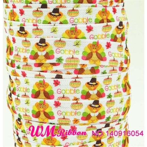 Q&N ribbon wholesale/OEM 5/8inch Thanksgiving day Printed folded over elastic FOE 50yds/roll free shipping for hair tie