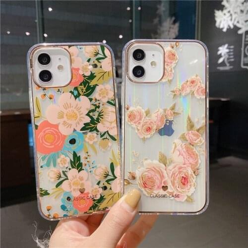 Luxury Glitter Flower Fundas Phone Cases for iphone 11 12 Pro Max Mini Xr Xs Max X 7 8 Plus SE 2020 IMD Clear Shockproof Cover