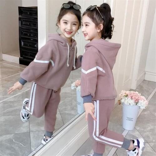 Teenager winter kids baby Girls Tracksuit striped Plus velvet thick hoodied tops + sport pants Child 4 5 6 7 8 9 10 11 12 years