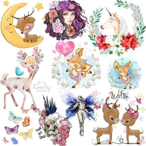 Cartoon Animals Deer Portrait Patter Transfer Butterfly Skull Iron-On Transfers Thermal Stickers On Clothes For T-shirt Applique