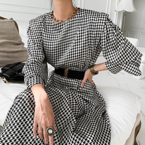 French style vinatge Houndstooth dress women lantern sleeve black white plaid a-line dress with belt