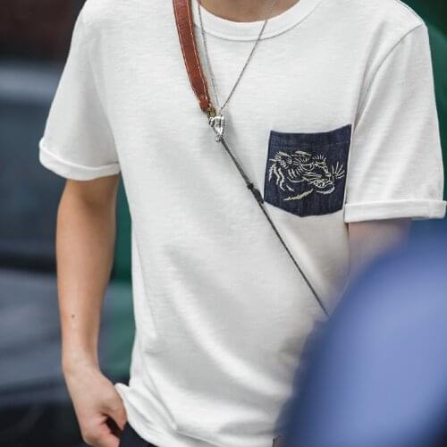 Maden Embroidery Ukiyo-e Tiger T-shirts For Men Three Needles Denim Stitching Pocket Short-sleeved T-shirt Vintage Clothes