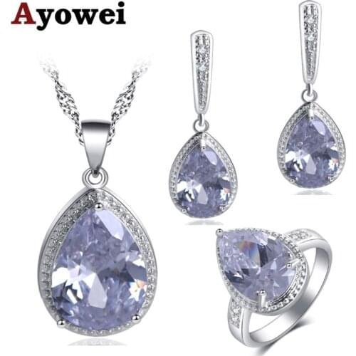 Ayowei Anniversary jewelry Water Drop silver White Zircon White Crystal Necklace Pendant Earrings Jewelry Sets JS735A
