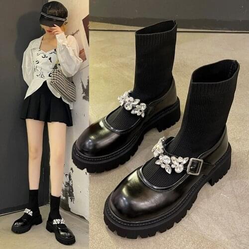 2021 New Socks Boots Women Diamond Crystals Buckle Stretch Fabric Elastic Height Increaming Ankle Boots Shoes Woman