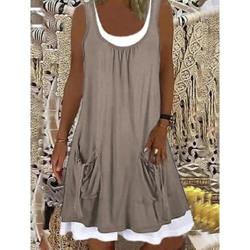 Plus Size Two Piece Set Women Sleeveless Pockets Dress Summer Solid Bohemian Tank Dresses Casual Female Loose Beach Dress S-5XL