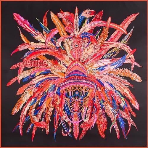 New Hot Brand Women Twill Silk Scarf Indian Feather Crown Print Scarf Kerchief Turban Headband Large Hijab Square Scarves