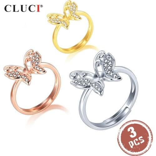 CLUCI 3pcs 925 Sterling Silver Women Pearl Ring Mounting Adjustable Zircon Ring Jewelry Silver 925 Butterfly Rings SR2218SB