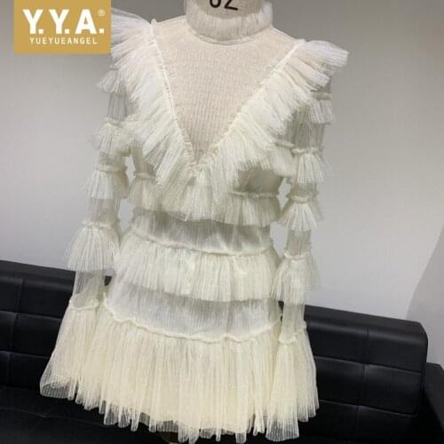 New Brand Sweet Style Lace Mesh Patchwork Cupcake Women Dress Fashion Turtleneck V-Neck Sexy See Through Flare Sleeve Mini Dress