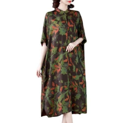 Women Loose 5XL Plus Size Mulberry Silk Shirt Dress 2021Autumn Vintage Print Midi Dresses Elegant Bodycon Party Vestidos FC677