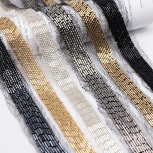 1.5cm Champagne Black Heavy Handmade Beaded Lace Ribbon Tape Trim Embroidered Collar Decoration African Net Cord For Sewing