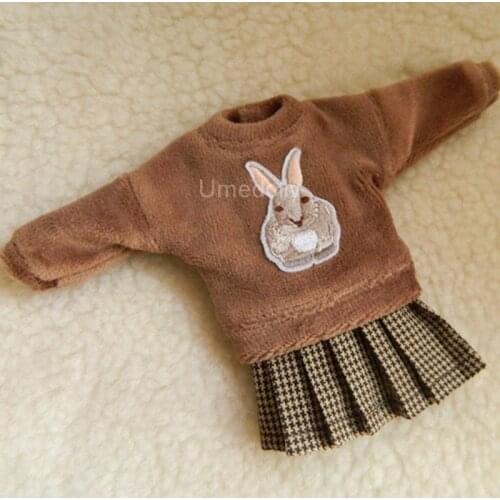 1 Set 1/6 Dolls Clothing Brown Cute Rabbit Sweater + Skirt for Blyth, Licca, Azone Doll Clothes Accessories