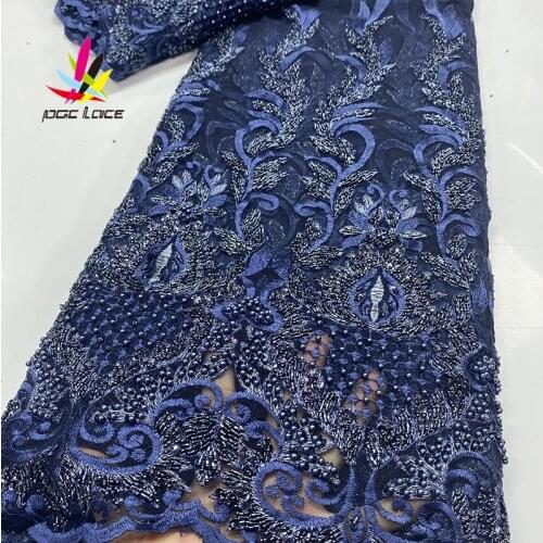 2020 Heavy Handmade Beads Lace Fabric Gold Colors Tulle Mesh Lace Fabrics French Beaded Lace for Nigeria Bridal Lace Garments