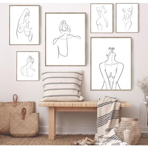 Abstract Naked Woman One Line Drawing Art Canvas Painting Prints Feminine Nude Figure Minimal Line Sketch Poster Home Art Decor