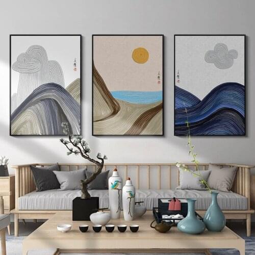 Abstract Traditional Chinese Landscape Mountain Wall Art Posters Canvas Painting Print Picture for Living Room Home Office Decor