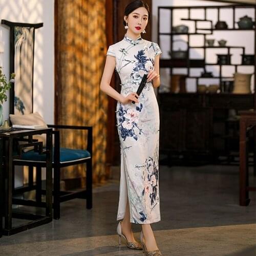 Vintage Print Satin Cheongsam For Women Sexy Slim Split Qipao Retro Button Classic Elegant Chinese Style Dress Spring Gown