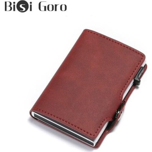 BISI GORO Slim Wallet Purse RFID Blocking Vintage Automatic Leather Credit Card Holder Metal Aluminum Alloy Casual Women Wallet
