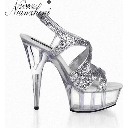 Elegant Roman Punk Female Sexy Fetish Pole Dance Shoes 6Inch Thin Heels Summer Crystal Bling Platform Sandals 15CM Thick Models