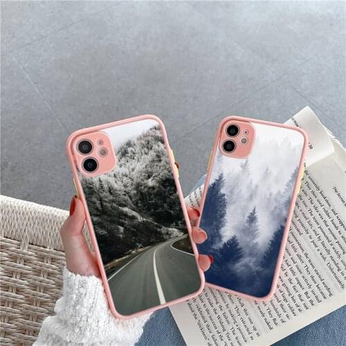 Phone Case For iPhone 12 11 Mini Pro XR XS Max 7 8 Plus X Mountain Pine Tree Forest Peak Mist Matte transparent Pink Cover