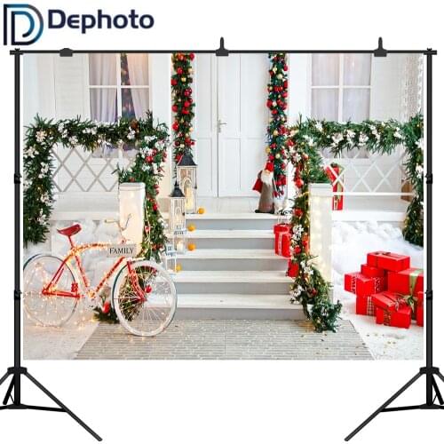 Dephoto Photography Background Wooden Door Christmas Tree snow Bicycle family Photo Studio Backdrop Photocall Photo Prop