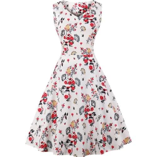 Cotton Retro Vintage Swing Womens Dress Sleeveless V Neck Floral Print Hip-Wrapped A-line Large Swing Slim Knee-Length Dresses