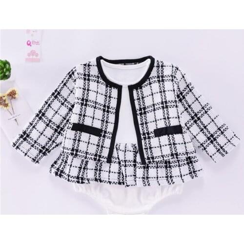 New Arrival Spring Clothes Baby Girls Clothes Set 2 Pieces Little Lady Long Seeve Romper Baby Set Plaid Coat+Romper Dress Suits