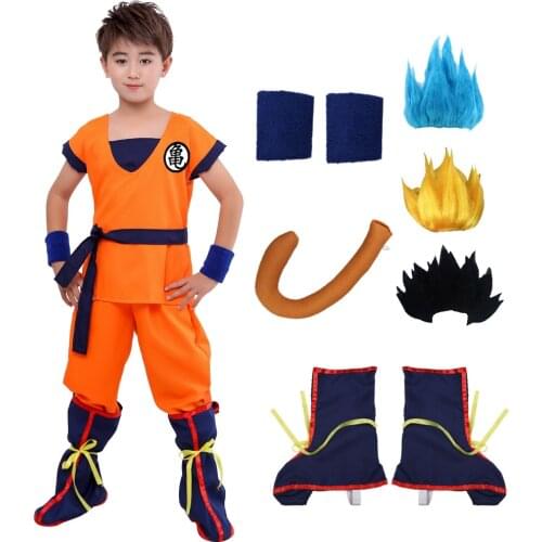 Halloween Adult Kids Suits Son Goku Gui Carnival Anime Cosplay Holiday Costumes Tail Wrister Wig Blue Gold Children Dress Up