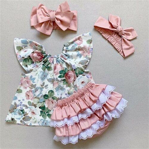 3pcs Baby Floral Printed Fly Sleeve Top Lace Patchwork Ruffle PP Shorts Headband Outfit Toddler Kids Girl Clothing Summer