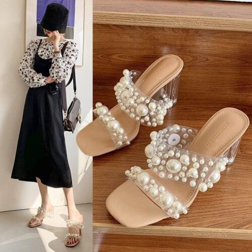 Celebrity String bead clear band slippers women sandals summer pumps shoes flip flops pearl transparent high heels slides 2021