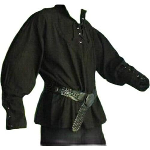 Medieval Renaissance Pirate Costume Lacing Up Shirt Middle Age Bandage Sleeves Top For Men